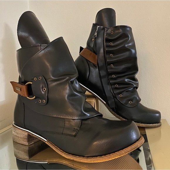 Black Vegan Leather Moto Boots with Rivets & Straps by Lala Ikai 👢 - Picture 4 of 9